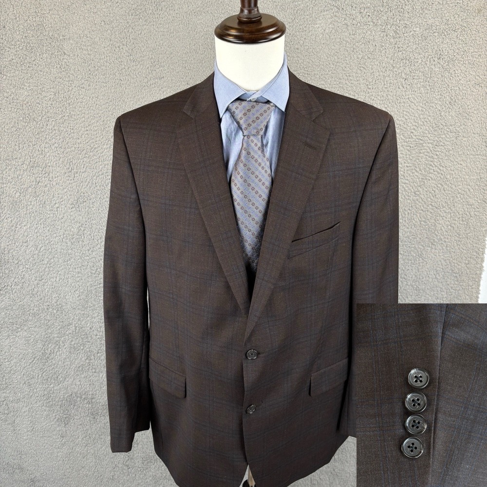 Jack Victor Blazer Mens 44L Brown Blue Windowpane Wool Sport Coat Jacket‎